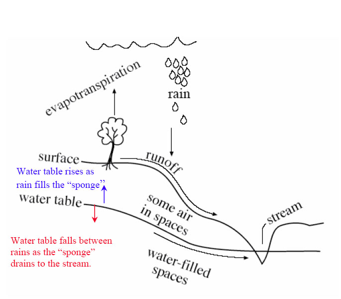 Diagram showing movement of water in the atmosphere and land. Described in caption and text